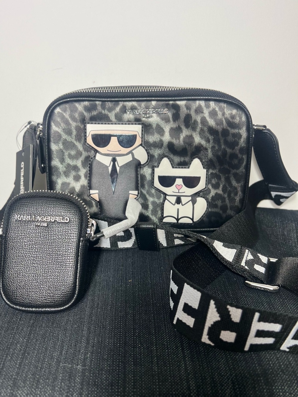 NWT Karl Lagerfeld Paris Maybelle Black Leopard Cheetah Crossbody Bag
